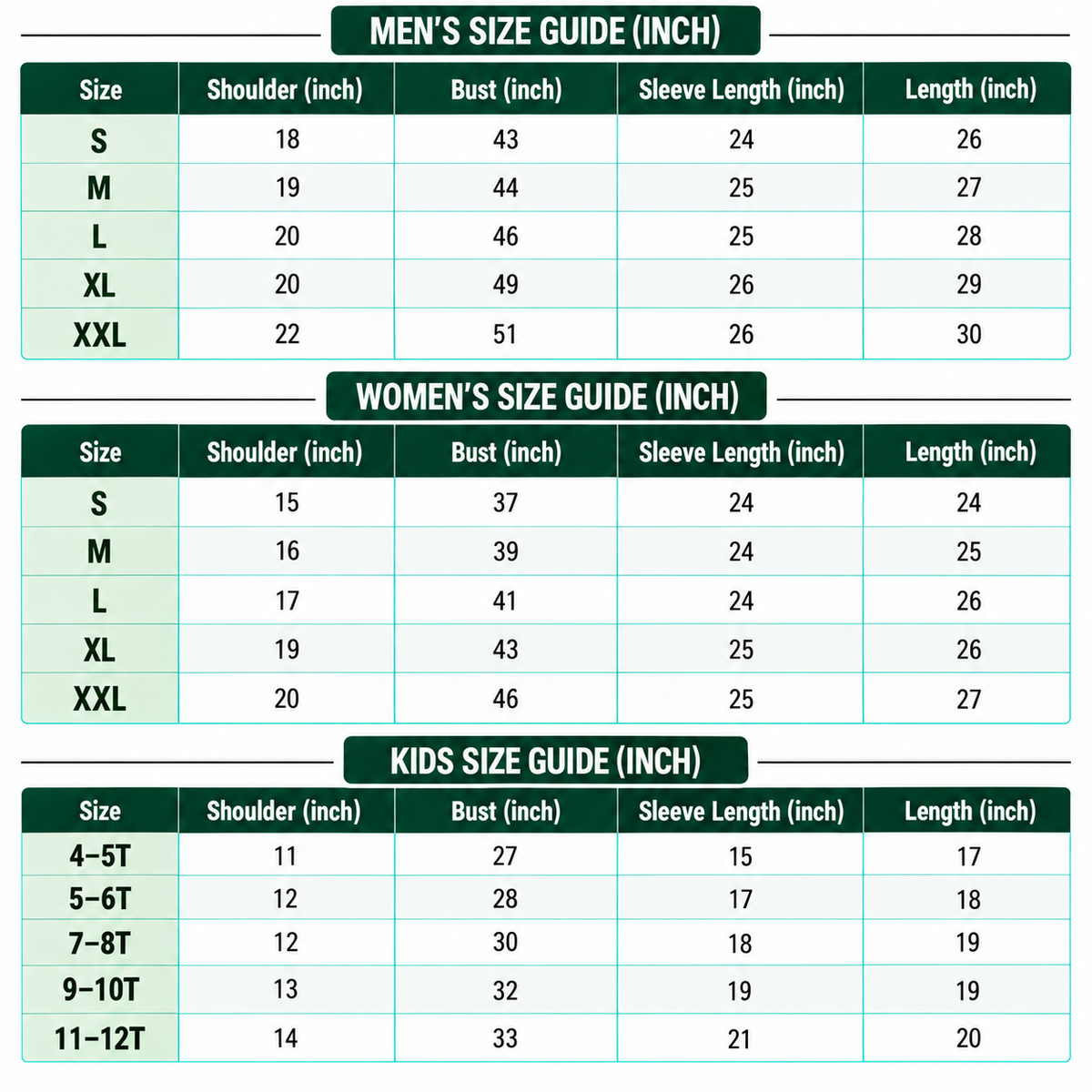 Size Chart Inch